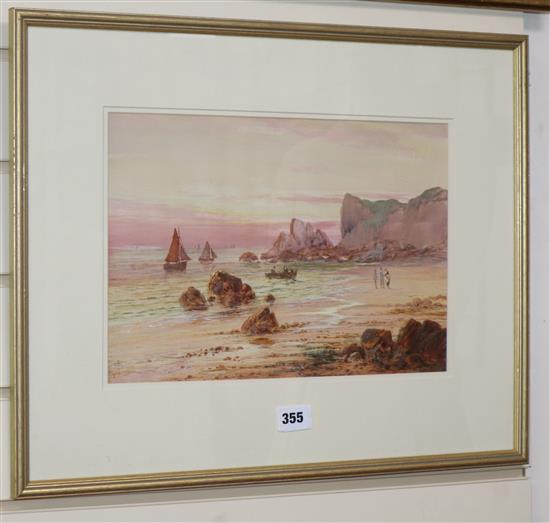 Sidney Yates Johnson, watercolour, Fisherfolk on the beach at low tide, monogrammed, 24 x 35cm